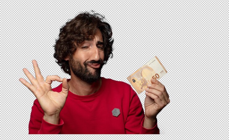 PSD gratuito giovane uomo barbuto adulto con una banconota da cinquanta euro