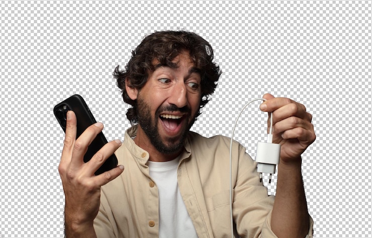 PSD gratuito giovane uomo barbuto adulto concetto di caricabatterie per smartphone