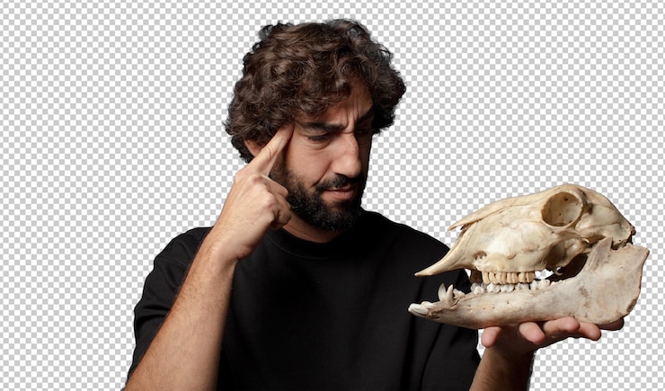 PSD gratuito giovane uomo pazzo barbuto che tiene in mano un cranio di animale