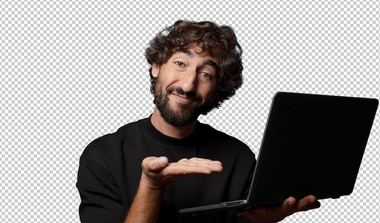 PSD gratuito giovane uomo pazzo barbuto con un laptop