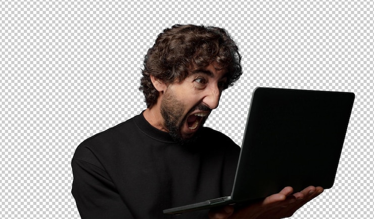 PSD gratuito giovane uomo pazzo barbuto con un laptop