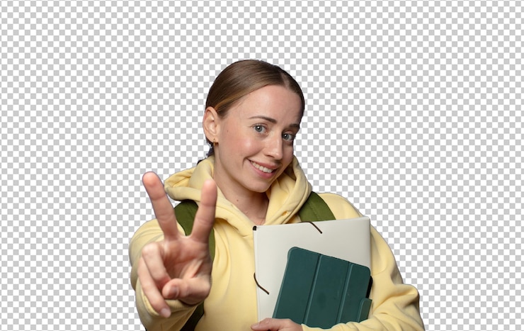 Gratis PSD glimlachend en gelukkig, zorgeloos en positief, met één hand een gebaar van overwinning of vrede.