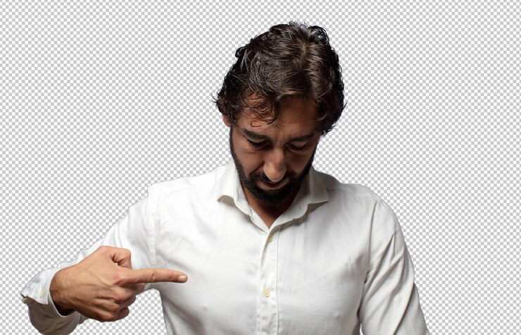 Gratis PSD glimlachend vrolijk en ongeduldig naar beneden kijkend en naar de borst wijzend