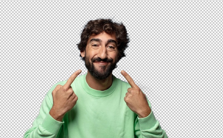 Gratis PSD glimlachend zelfverzekerd wijzend naar eigen brede glimlach positieve ontspannen tevreden houding