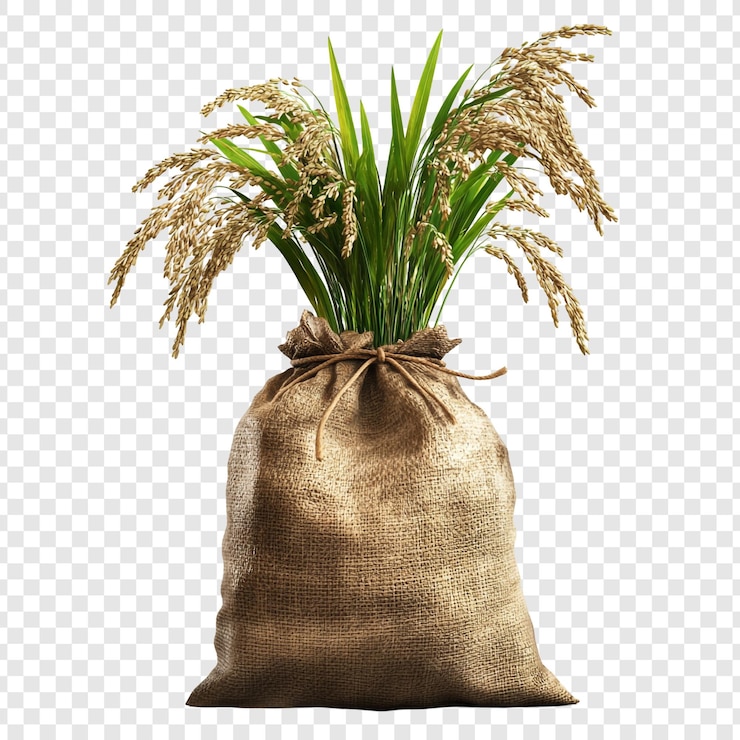 PSD Gratis golden rice harvest a bountiful burlap sack overflowing with ripe rice stalks symbolizing abundance and the fruits of labor in agriculture