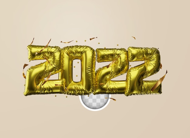 Gratis PSD gouden ballon belettering voor het nieuwe jaar 2022. 3d illustratie