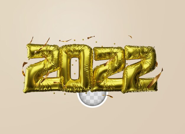 Gouden ballon belettering voor het nieuwe jaar 2022. 3d illustratie