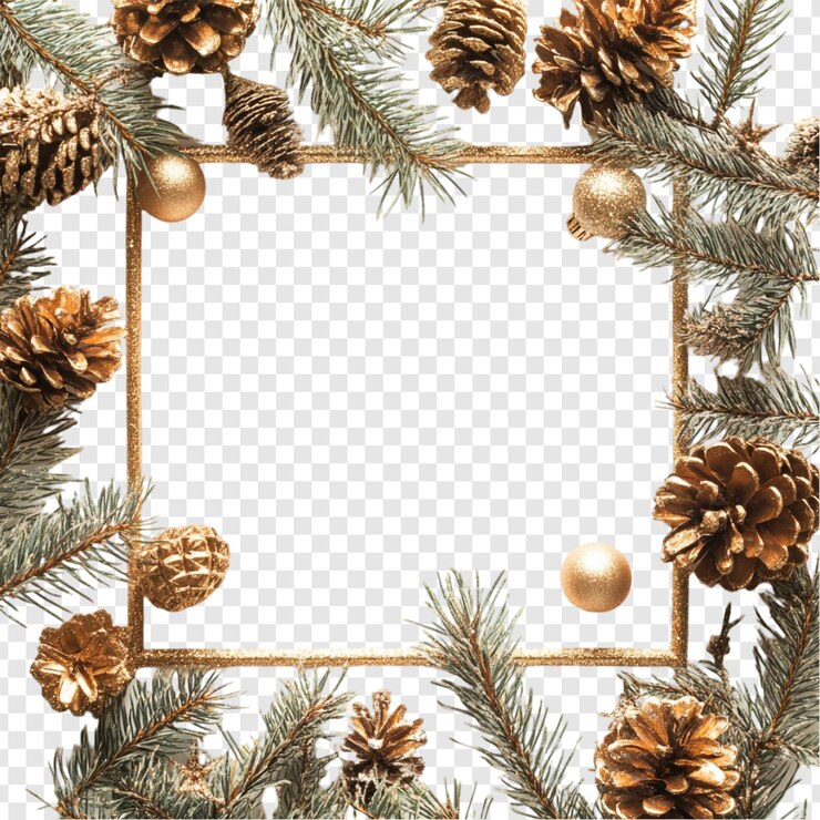 Gratis PSD gouden kerstframe met dennenkegels en ornamenten