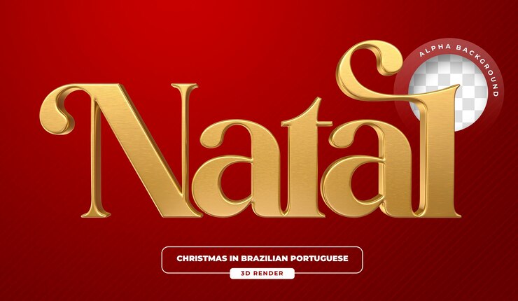 Gouden letters Natal In Braziliaans Portugees in 3D rendering met transparante achtergrond