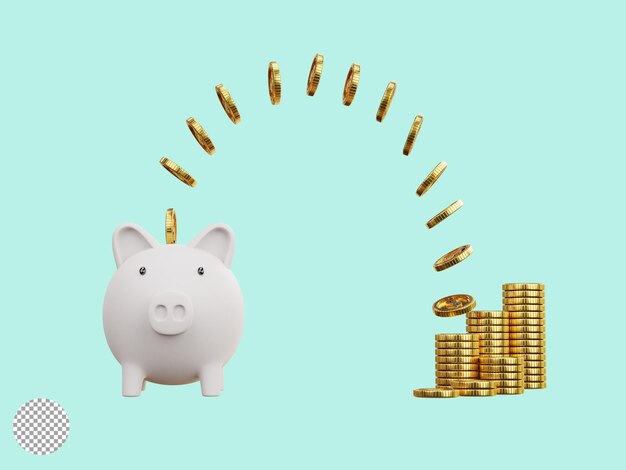 Gouden munt vliegen naar wit spaarvarken op blauwe achtergrond voor geld besparen en deposito concept creatieve ideeën door 3D-rendering techniek