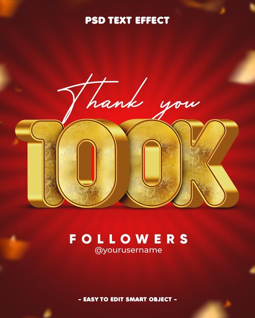 Gracias 100 mil seguidores efecto de texto editable en 3D
