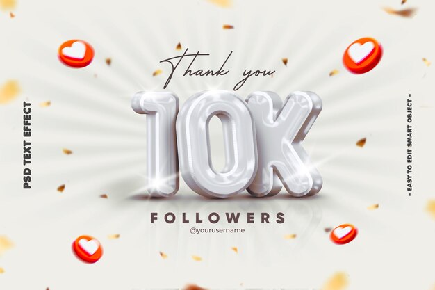 Gracias en 10k banner de redes sociales para amigos y seguidores con efecto de texto