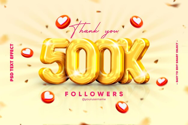 Gracias en 500k banner de redes sociales para amigos y seguidores con efecto de texto