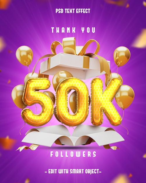Gracias en 50k banners de redes sociales para amigos y seguidores con efecto de texto editable