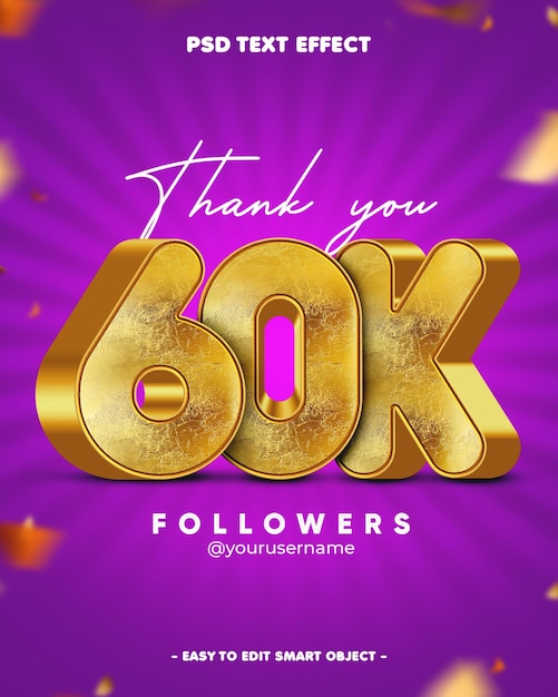 Gracias 60 mil seguidores efecto de texto editable en 3D