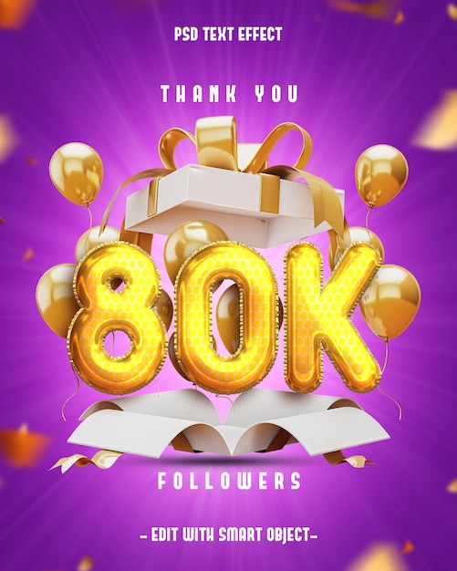 Gracias en 80k Social Media Banner para amigos y seguidores con efecto de texto editable