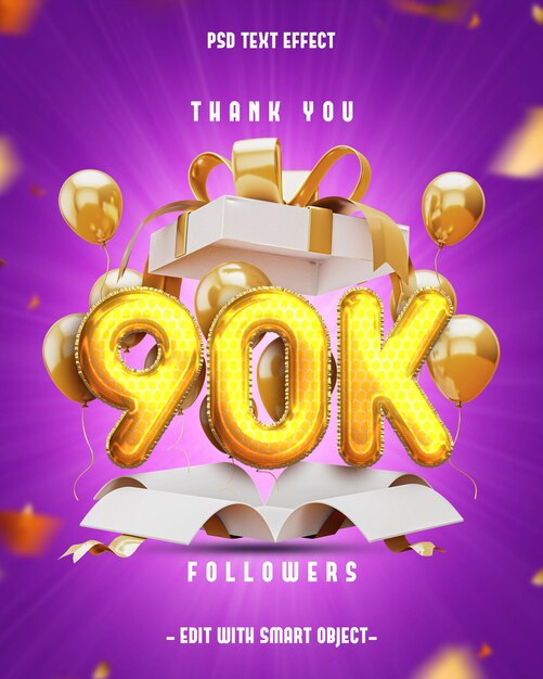 Gracias en 90k Social Media Banner para amigos y seguidores con efecto de texto editable