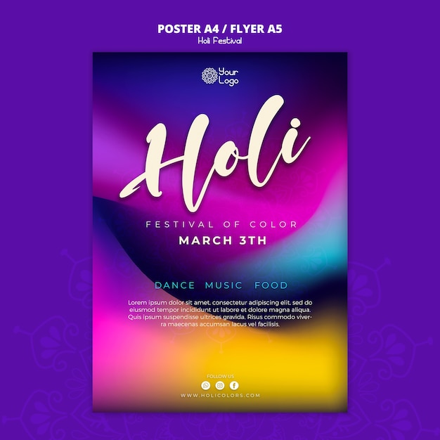 Gratis PSD gradiënt kleurrijke holi festival verticale poster sjabloon