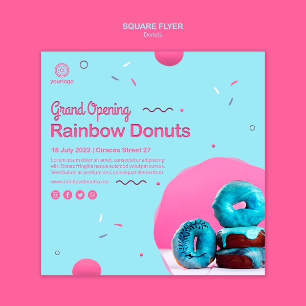 Gran inauguración arco iris donas flyer cuadrado