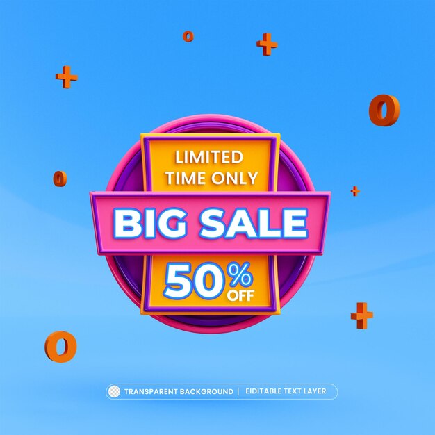 Gran oferta 50 por ciento de descuento plantilla de banner de promoción 3d