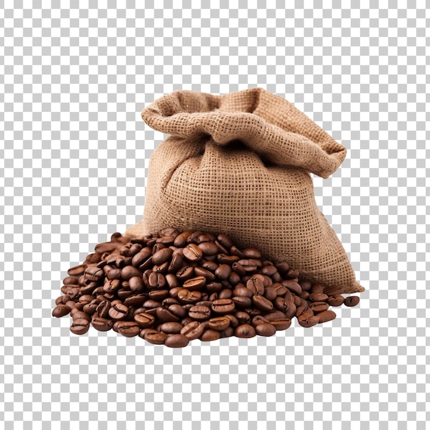 Granos de café marrones en un saco o bolsa de tela sobre un fondo blanco