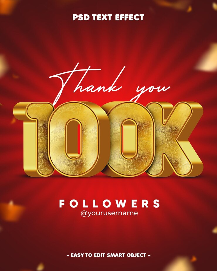PSD gratuito grazie 100k followers 3d editable text effect
