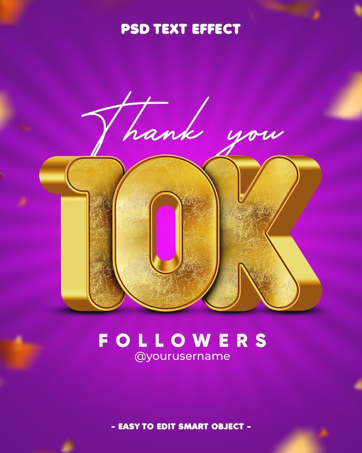 PSD gratuito grazie 10k followers 3d editable text effect