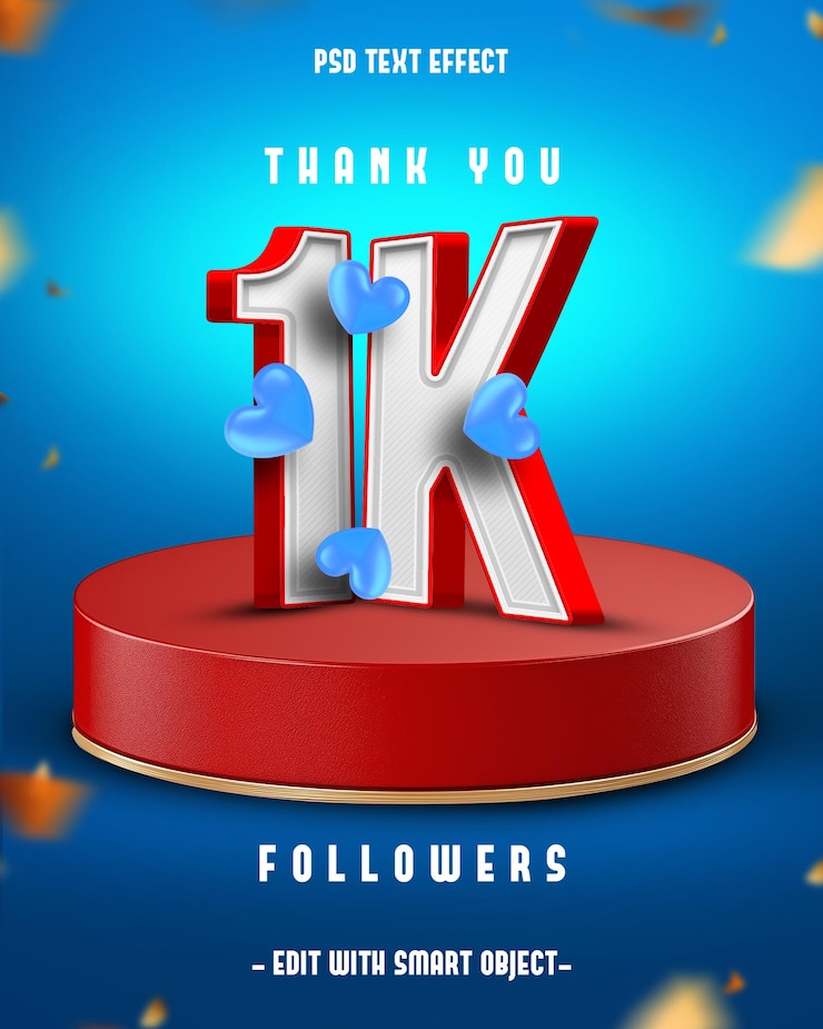PSD gratuito grazie 1k followers 3d editable text effect