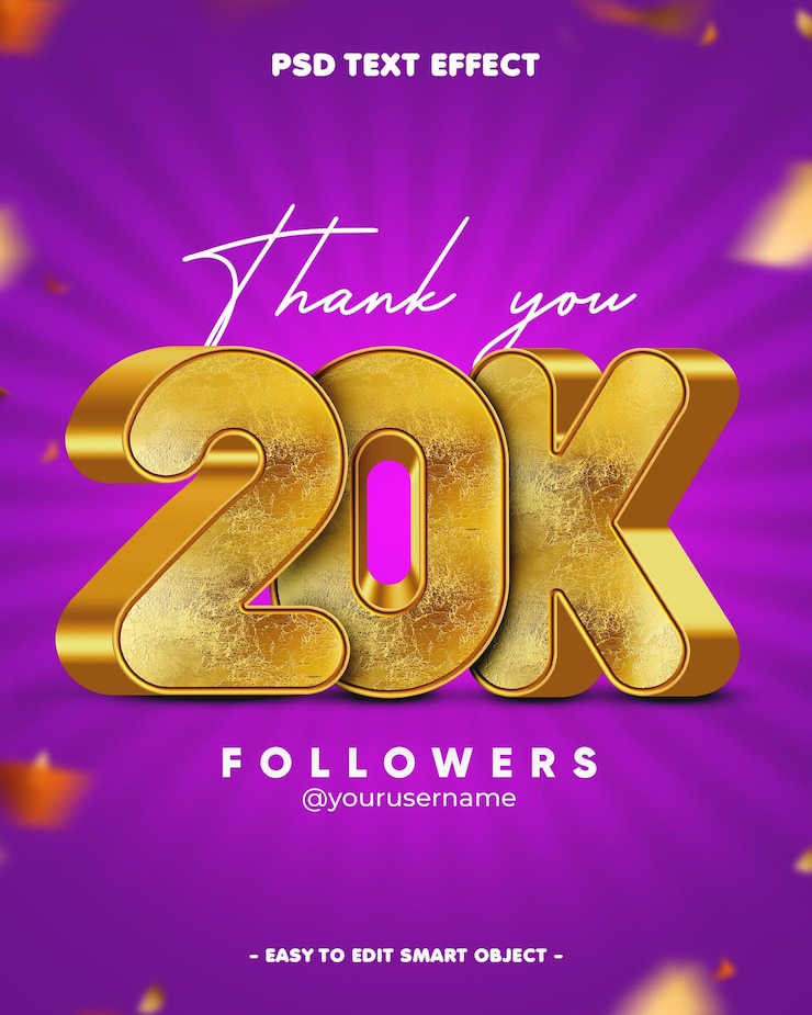 PSD gratuito grazie 20k follower 3d editable text effect