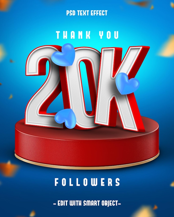 PSD gratuito grazie 20k follower 3d editable text effect