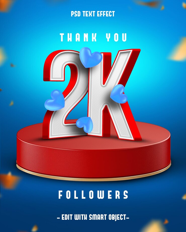 PSD gratuito grazie 2k followers 3d editable text effect