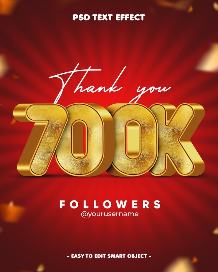 PSD gratuito grazie 700k followers 3d editable text effect