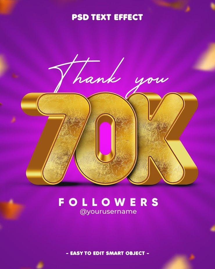 PSD gratuito grazie 70k followers 3d editable text effect