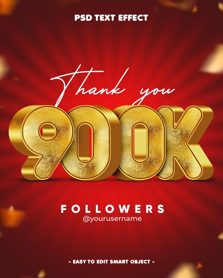 PSD gratuito grazie 900k followers 3d editable text effect