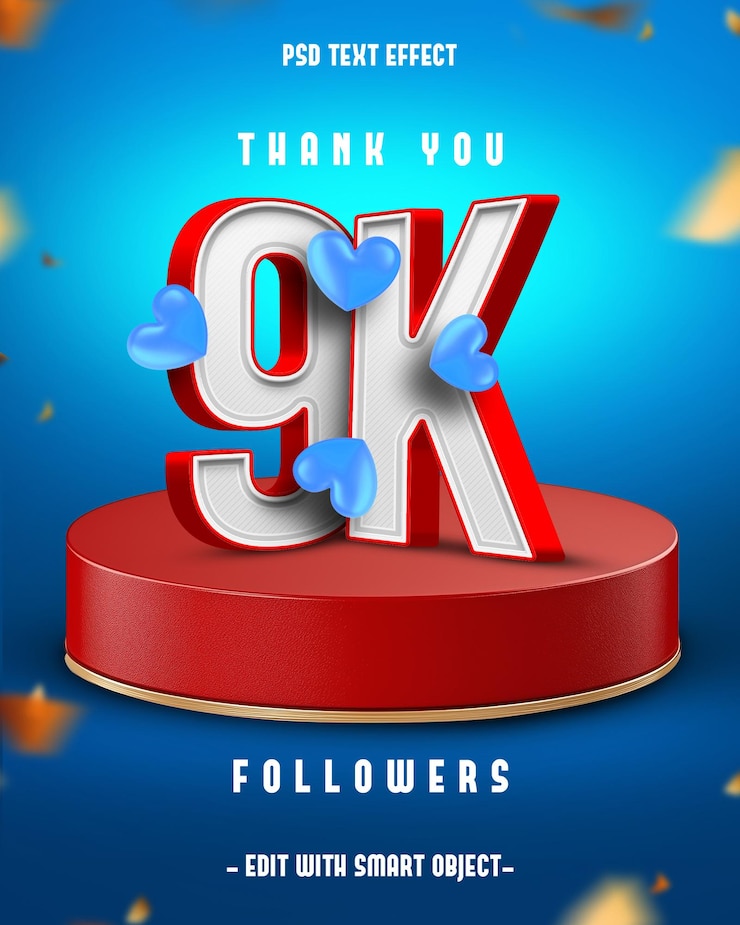 PSD gratuito grazie 9k followers 3d editable text effect