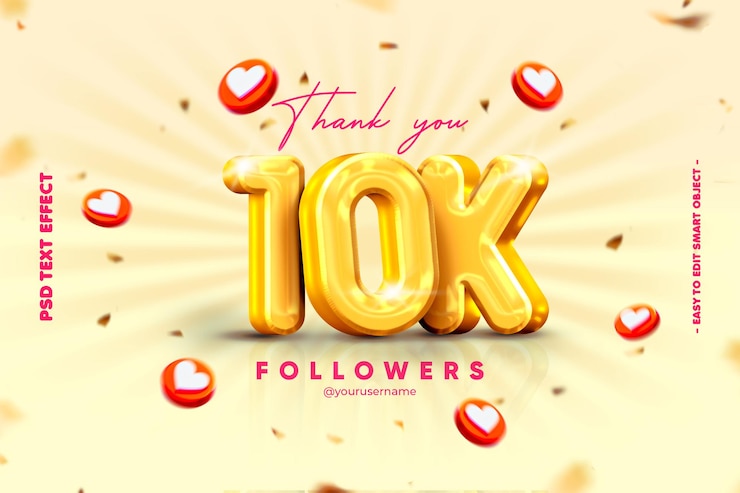 PSD gratuito grazie a 10k banner sui social media per amici e follower con effetto testo