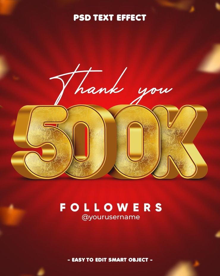 PSD gratuito grazie a 500.000 follower effetto di testo 3d modificabile