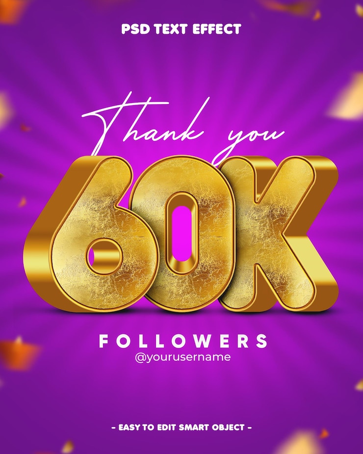 PSD gratuito grazie a 60.000 follower effetto di testo 3d modificabile