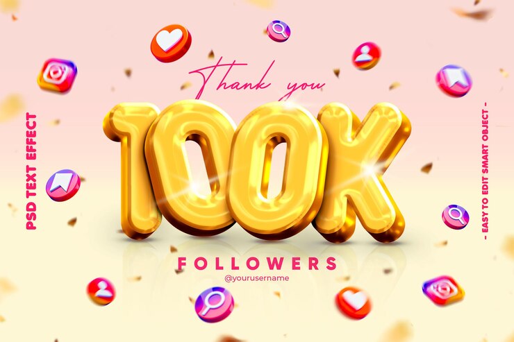 PSD gratuito grazie per 100k banner sui social media per amici e follower con effetto testo