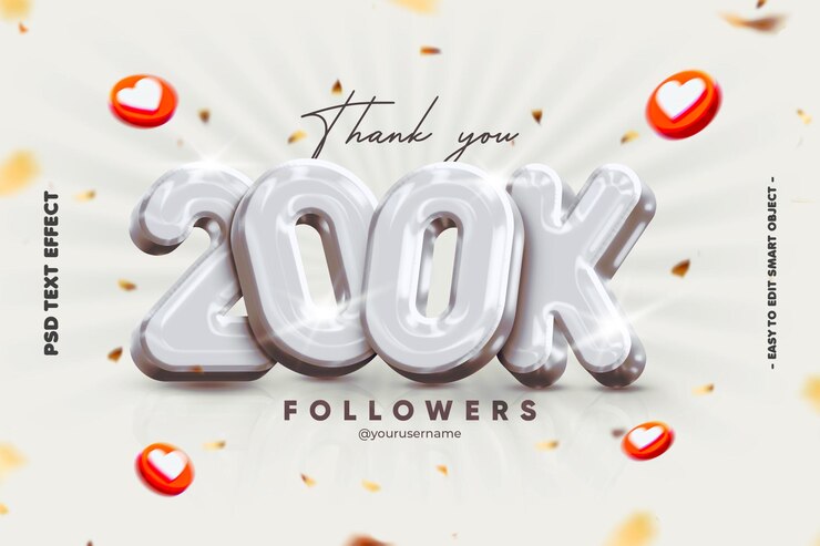 PSD gratuito grazie per il banner dei 200k social media per amici e follower con effetto testo
