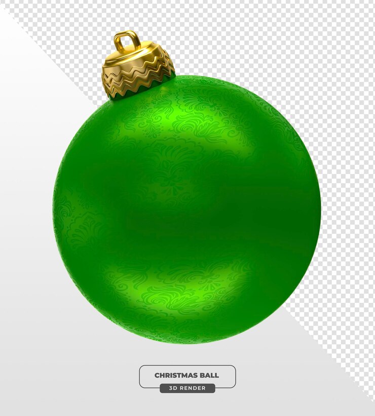 Groen kerstversiering met gegraveerd patroon en gouden dop in 3D-rendering