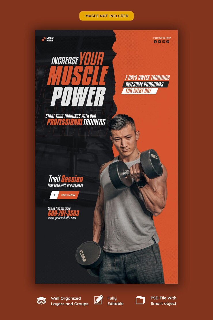 Gratis PSD gym en fitness instagram en facebook verhaalsjabloon