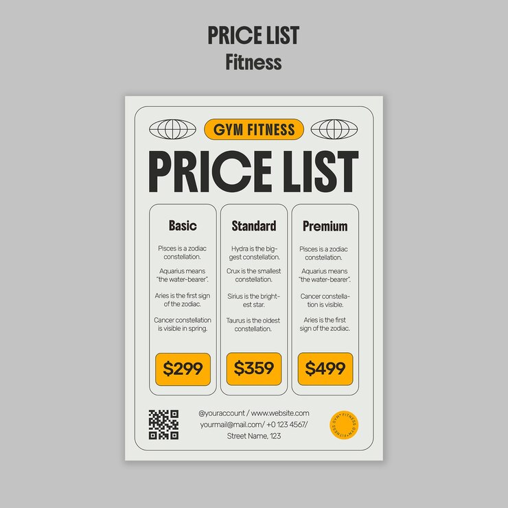PSD gratuito gym fitness price list template