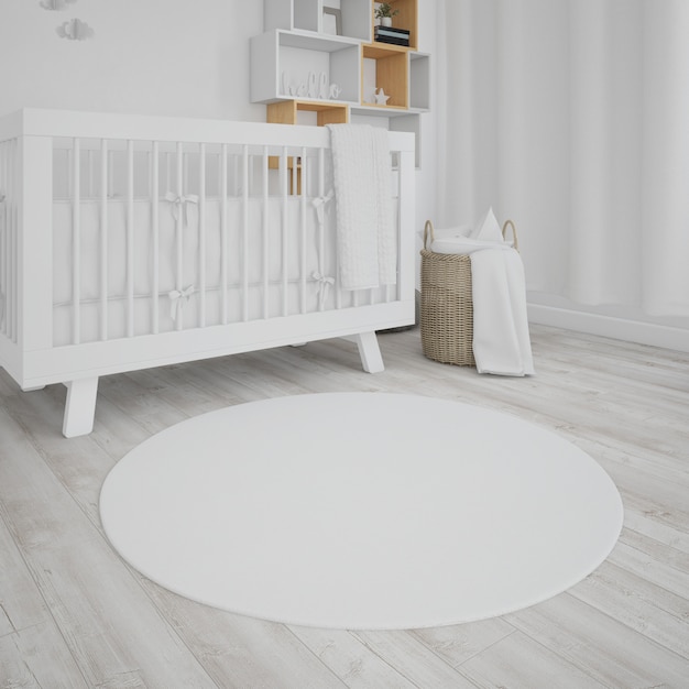 PSD gratuito habitación de bebé con cuna blanca.