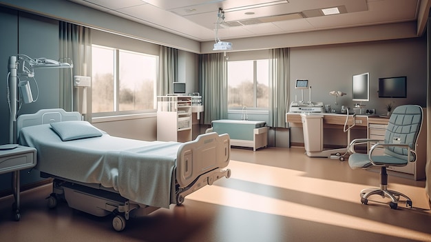 PSD gratuito habitación de hospital con cama y mesa ia generativa