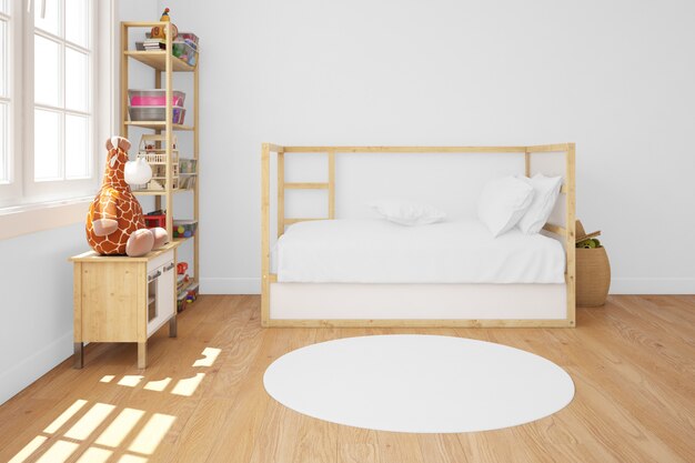 Habitación infantil con cama de madera.