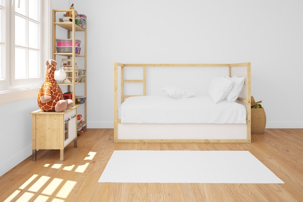 Habitación infantil con cama de madera.