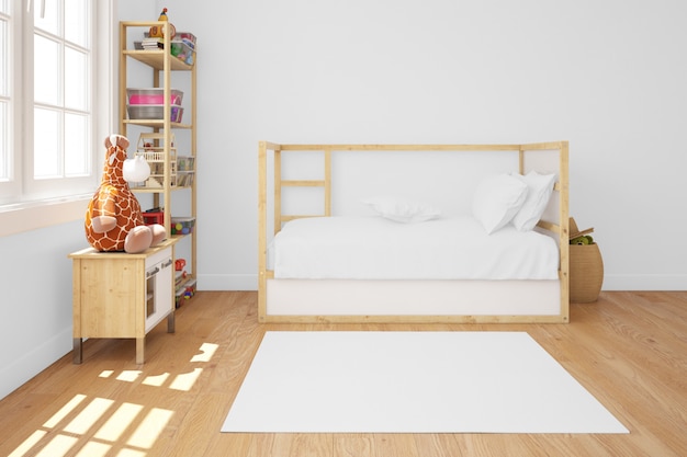 Habitación infantil con cama de madera.