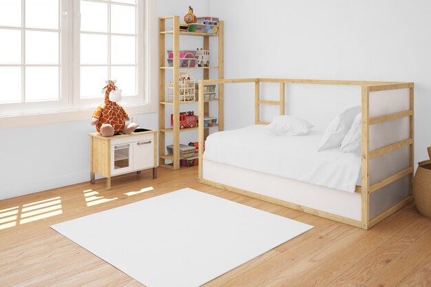 Habitación infantil con cama de madera.