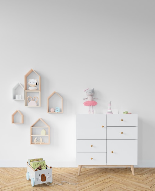 Habitación infantil con estantes y juguetes.